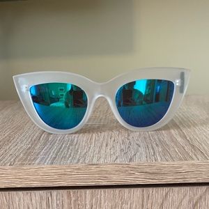 Clear Matte Blue Mirrored Cat-Eye Sunglasses